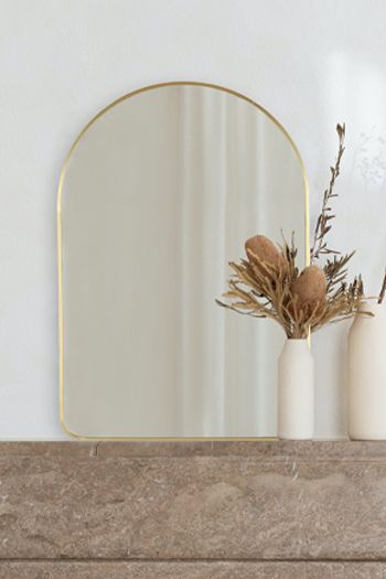 Arch Wall Mirror, Floor & Tabletop mirror decor, Aesthetic Gold Rectangle Hanging Mirror for bathroom, living room, bedroom, hallway, entryway, and kitchen